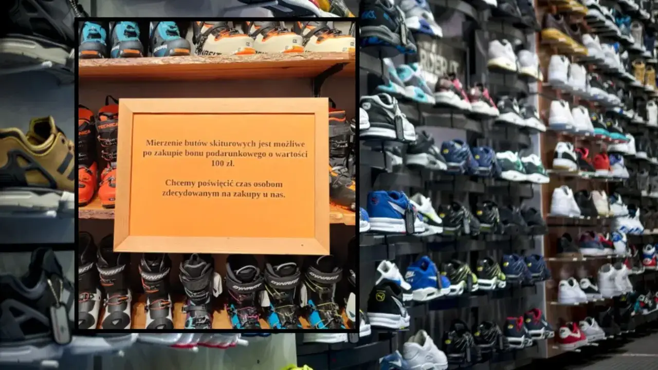 Jak dobrać buty do biegania? W sklepie z obuwiem sportowym znajdziesz wiele modeli. Na zdjęciu widać buty narciarskie i sportowe.