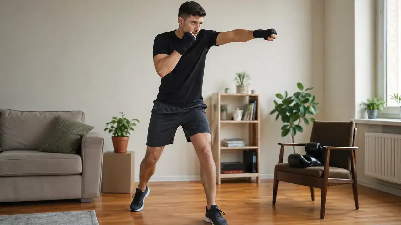 Mężczyzna w czarnym stroju wykonuje trening bokserski w domu, ćwicząc ciosy.