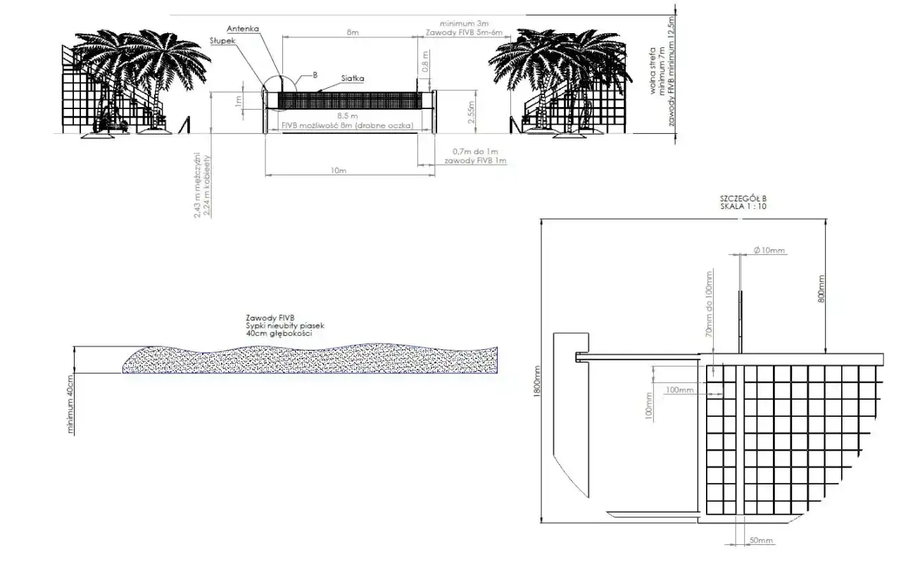 Plan boiska do siatkówki plażowej z wymiarami, siatką, antenkami i piaskiem o głębokości 40cm. Idealne do zawodów FIVB.