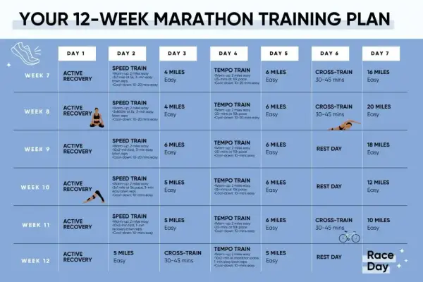 Plan 12-tygodniowego treningu do maratonu: jak trenować bieganie, zawiera dni regeneracji, treningi szybkościowe, tempowe, cross-training i długie biegi.