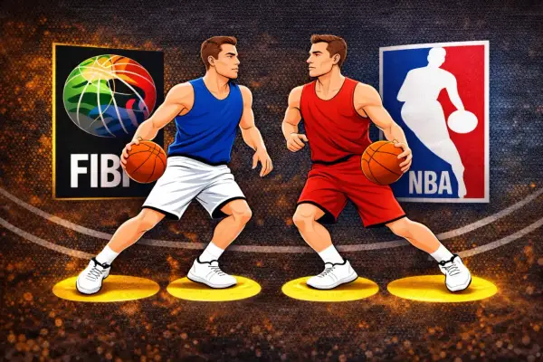 Dwóch koszykarzy, jeden w niebieskim, drugi w czerwonym, z piłkami w rękach, stoi naprzeciwko siebie. W tle loga FIBA i NBA. Ile kroków w koszykówce?