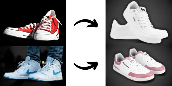 Czerwone trampki i buty sportowe z niebieskimi akcentami po lewej, białe i różowe buty Barebarics po prawej. Bez butów, bez skarpetek.