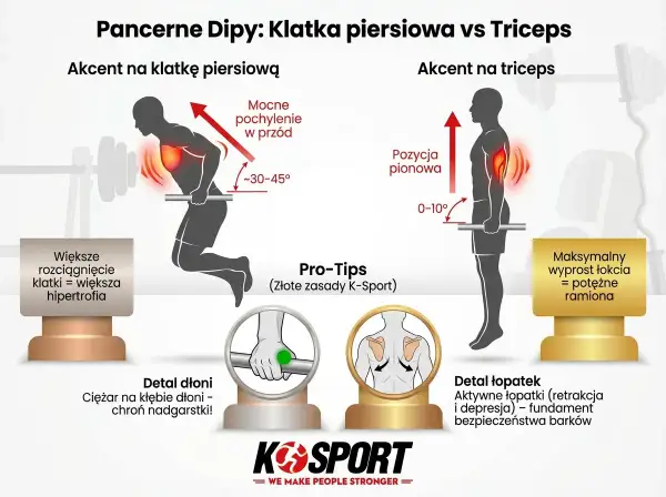 Dipy na triceps: pionowa pozycja ciała i minimalny wyprost łokcia (0-10°) dla potężnych ramion. Porównanie z dipami na klatkę.