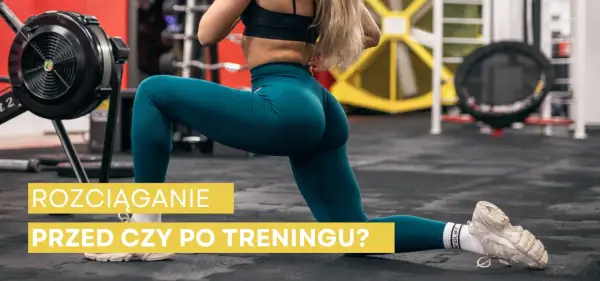 Kobieta wykonuje wykrok w siłowni, przygotowując się do rozciągania przed czy po treningu.