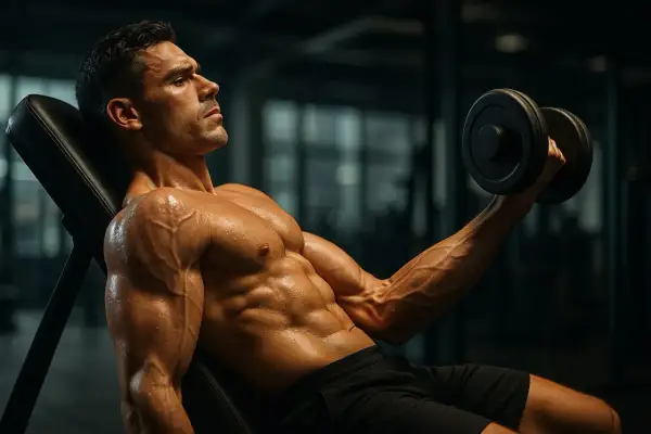 Mężczyzna wykonuje ćwiczenia na biceps z hantlem, jego mięśnie są wyraźnie zarysowane.