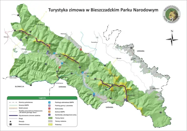 Mapa Bieszczadów z zaznaczonymi szlakami zimowymi, schroniskami i parkingami. Bieszczady gdzie leżą, widać na mapie, granicząc ze Słowacją i Ukrainą.