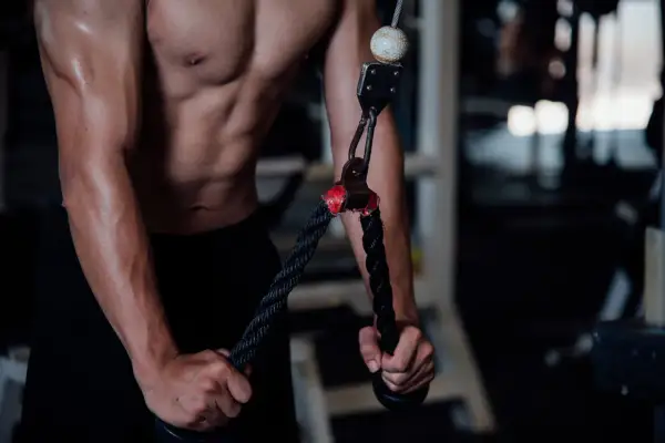 Mięśnie ramion i brzucha podczas wykonywania ćwiczeń na triceps. Skupienie na technice dla najlepszych efektów.