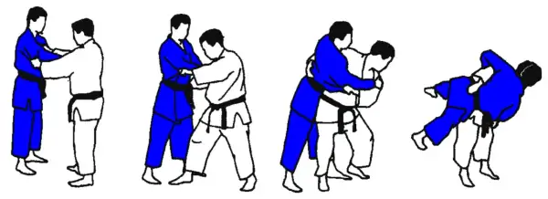Ilustracje pokazują sekwencję rzutów judo. Jeden z zawodników ma żółty pas judo.