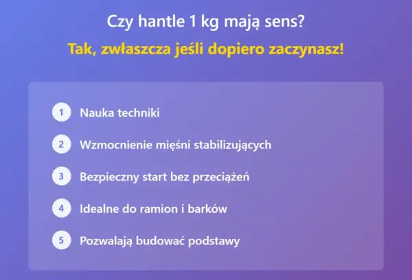Jakie hantle na początek? 1 kg to świetny wybór do nauki techniki, wzmocnienia mięśni stabilizujących i bezpiecznego startu bez przeciążeń.