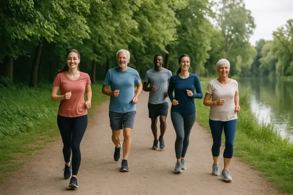 Grupa ludzi w różnym wieku cieszy się wspólnym, spokojnym bieganiem (slow jogging) wzdłuż malowniczej ścieżki nad wodą.
