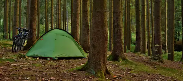 Zielony namiot i rowery w lesie, gotowe na przygodę w stylu bushcraft.