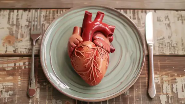 Model serca na talerzu, obok sztućców. Symbolizuje, jak ważna jest dieta na serce dla zdrowia.