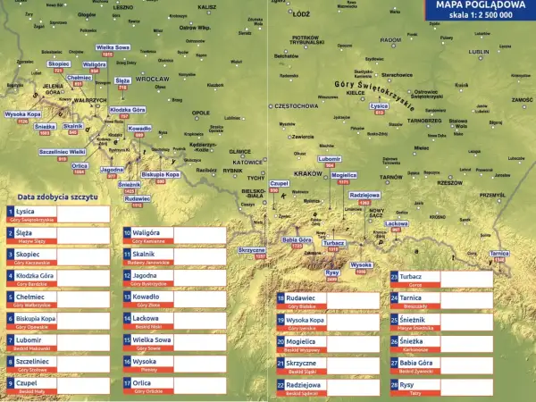 Korona Gór Polskich: mapa z zaznaczonymi szczytami i ich wysokościami. Poznaj najwyższe punkty polskich pasm górskich.