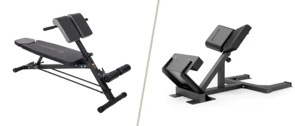 Dwa urządzenia do ćwiczeń: ławka rzymska z regulacją i stojak do ćwiczeń.